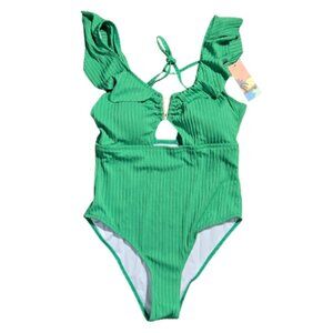 NWT | Kelly Green Ribbed One-Piece Swimsuit | Ruffle Sleeves | V-Wire Detail | L